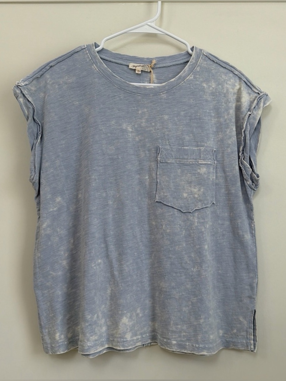 Mystree Washed Pale Blue Slouchy Pocket Tee Cap Sleeve Cotton NWT